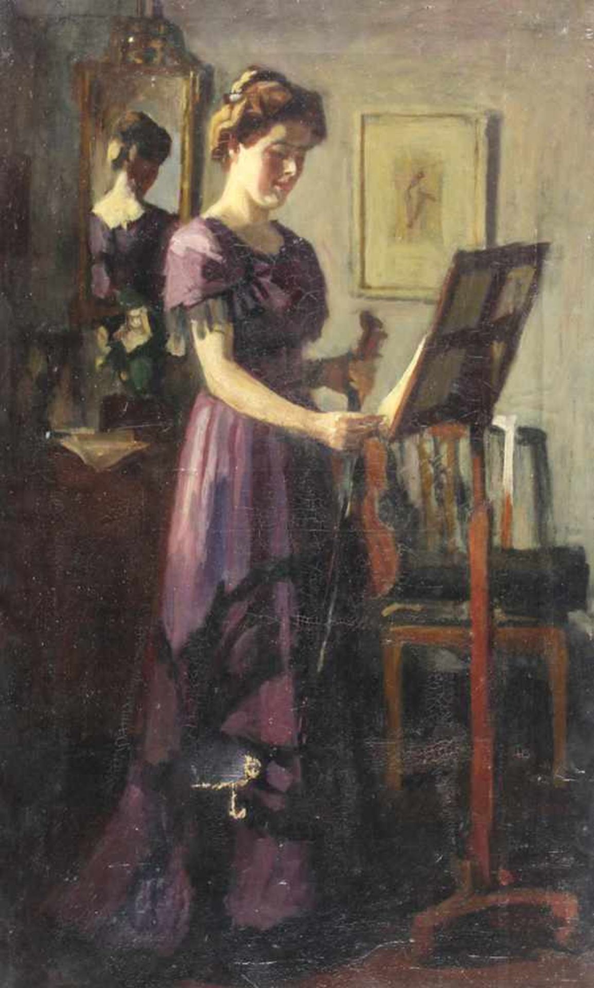 Eitner, Ernst(1867 Hamburg 1955) zugeschr. Geigenspielerin vor Notenständer im schwach