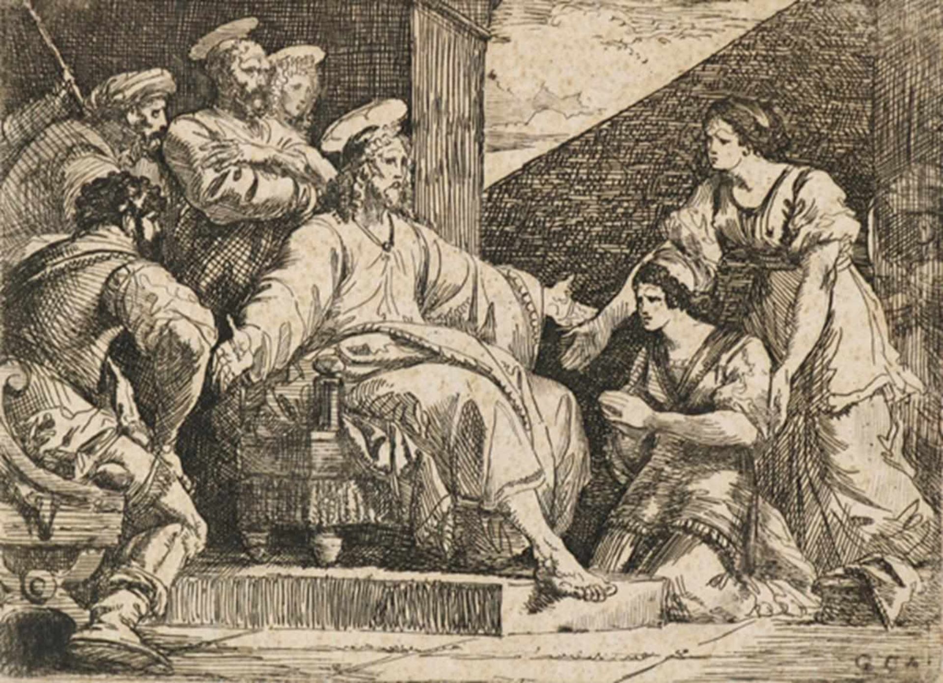 Cades, Giuseppe(1750 Rom 1799). Der sitzende Jesus predigt (Martha u. Maria?). Radierung auf