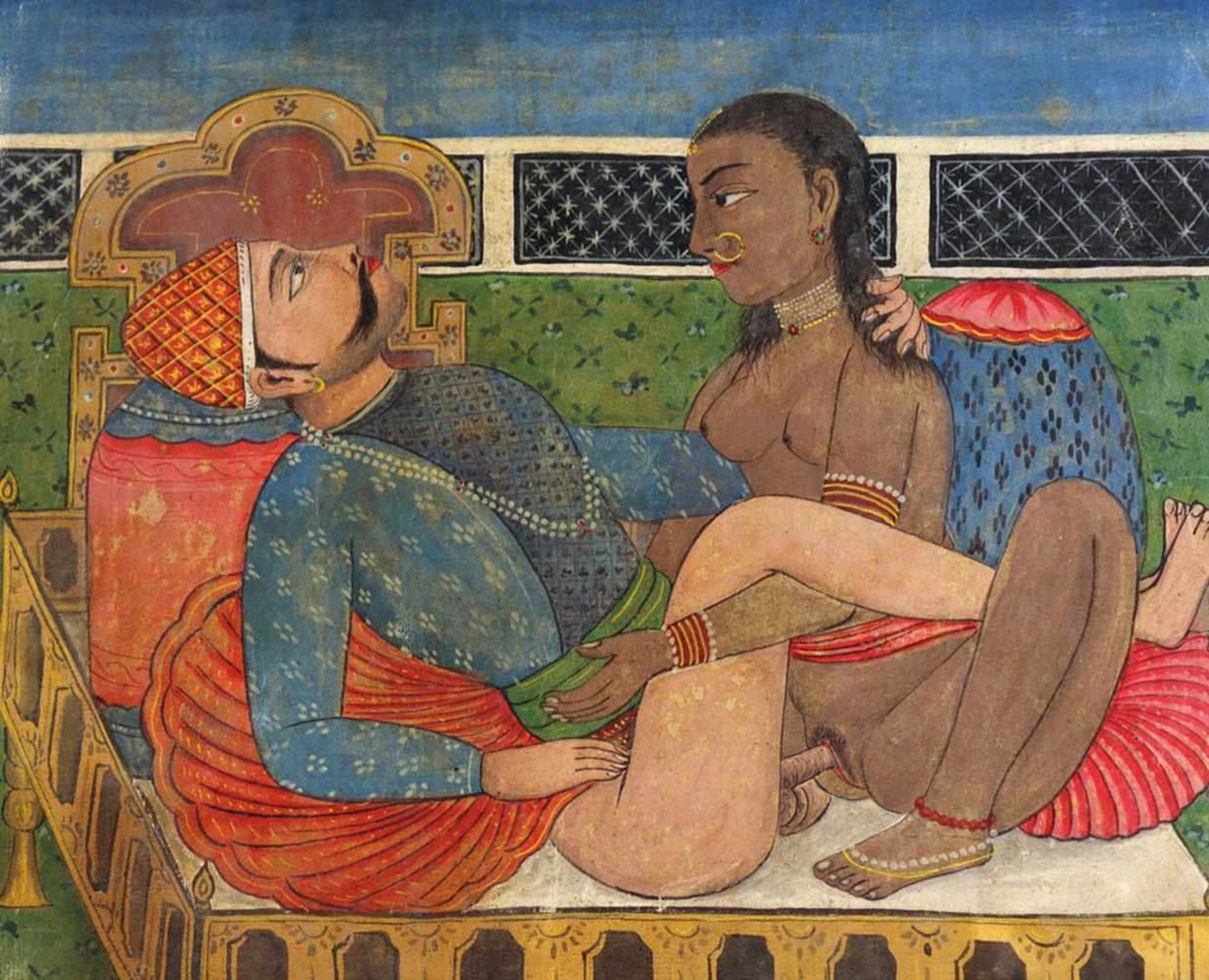 Kamasutra.6 Bl. mit versch. Stellungen. Tls. weiß gehöhtes Aquarell auf Papier u. Gouachen auf Lwd., - Bild 2 aus 2