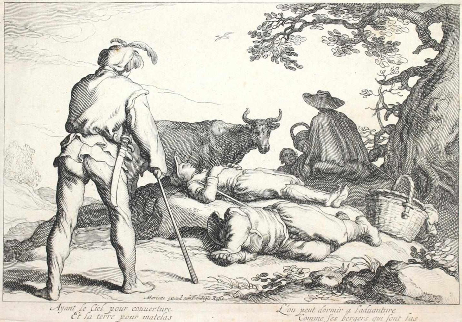 Bloemaert, Cornelis(1603 Utrecht 1684). Rastende u. schlafende Hirten. Radierung auf Bütten n. A.