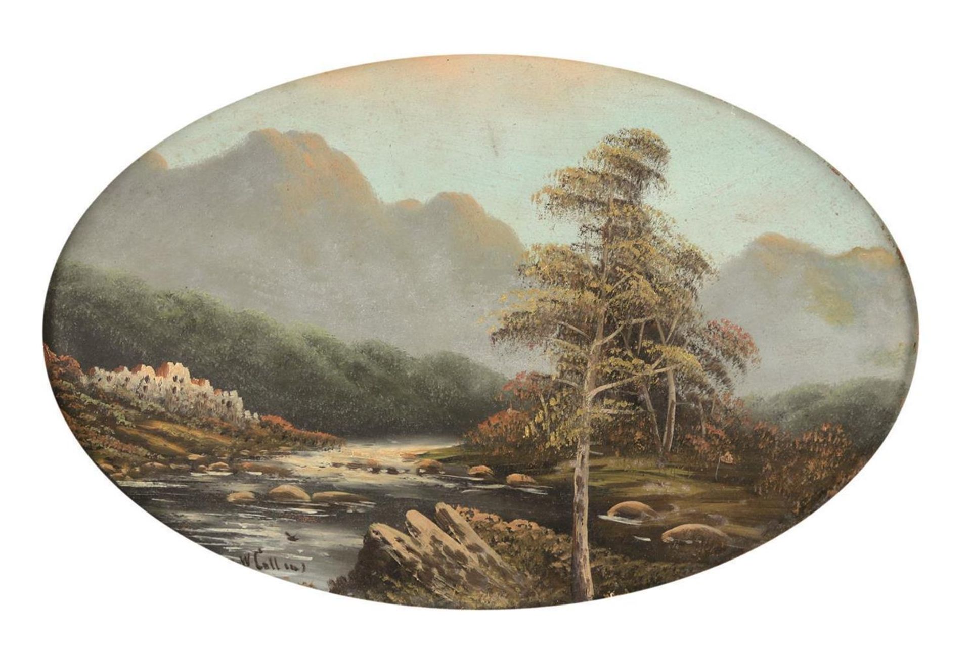 Collins, William(1788 London 1847) zugeschrieben. Querovale Flusslandschaft mit Steinen u. Bäumen.
