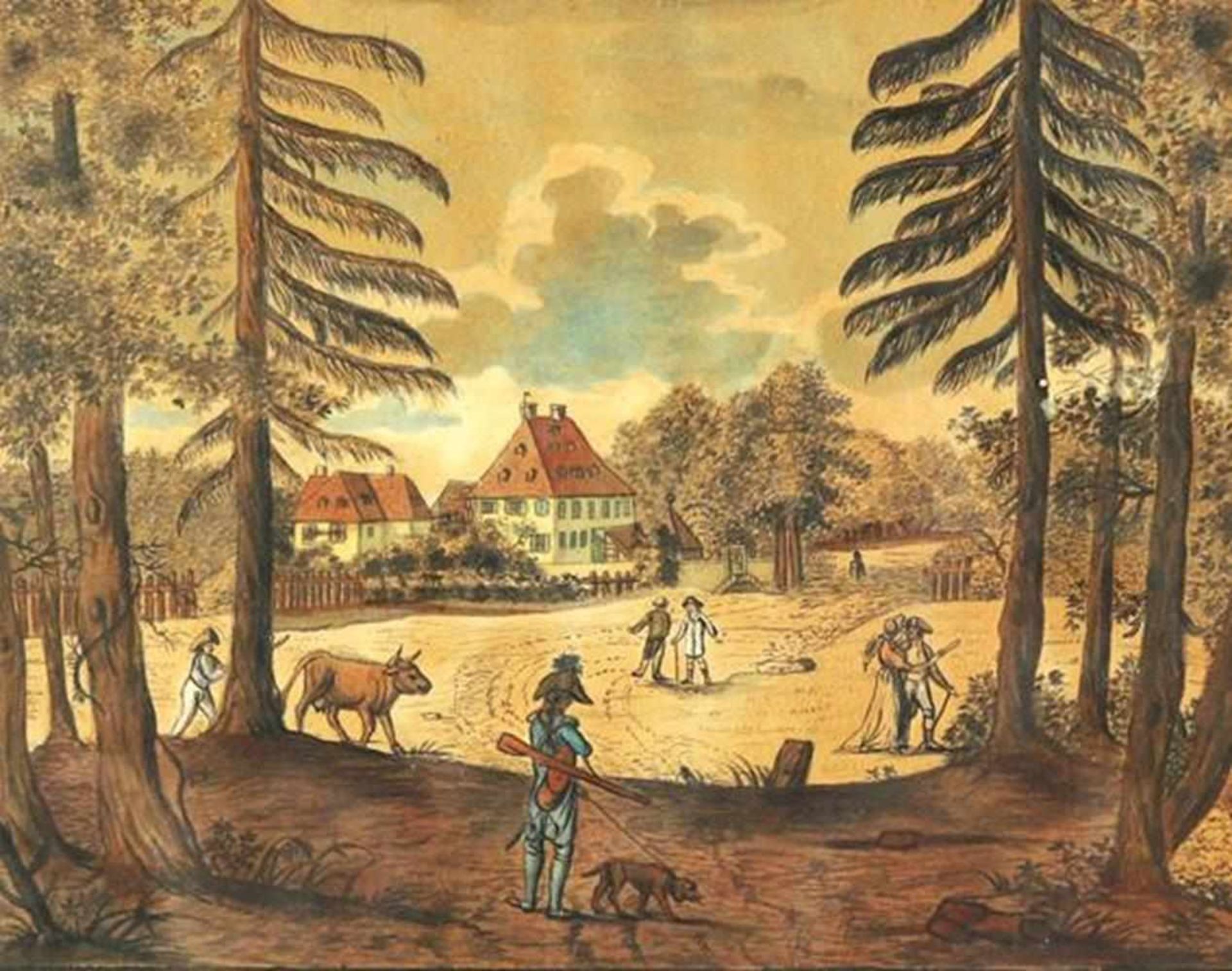 Forsthaus.Ansicht des Forsthauses, (wohl) im Kanton Zürich. Aquarell über Tusche auf Papier von J.G.