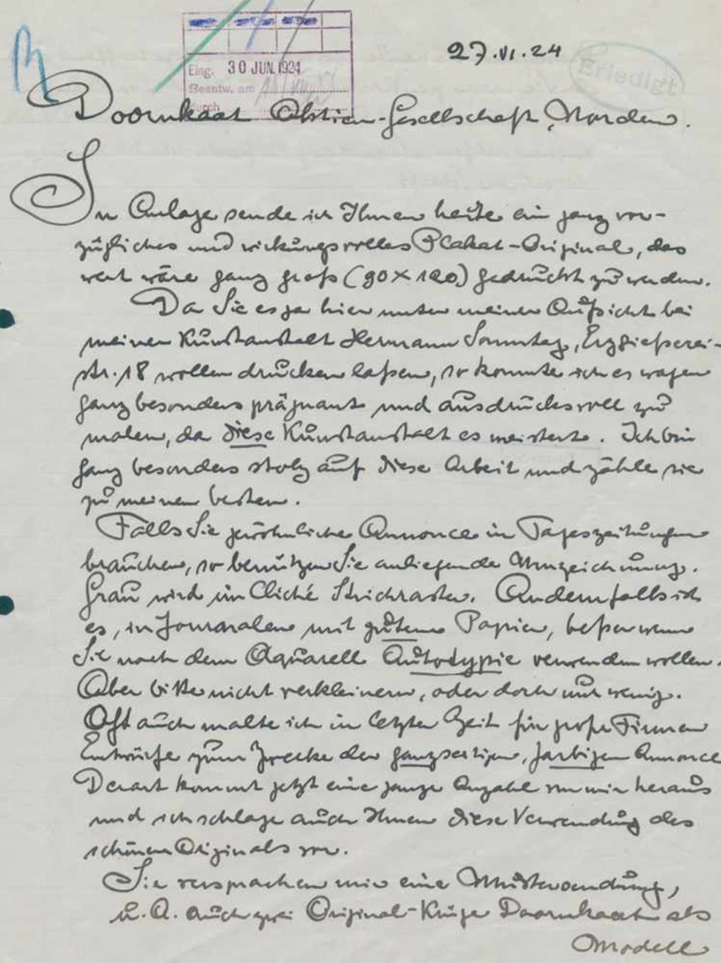 Hohlwein, Ludwig(1874-1945). E. Brief mit U., datiert 27.6.(19)24. 4°. An Doornkaart 'In Anlage