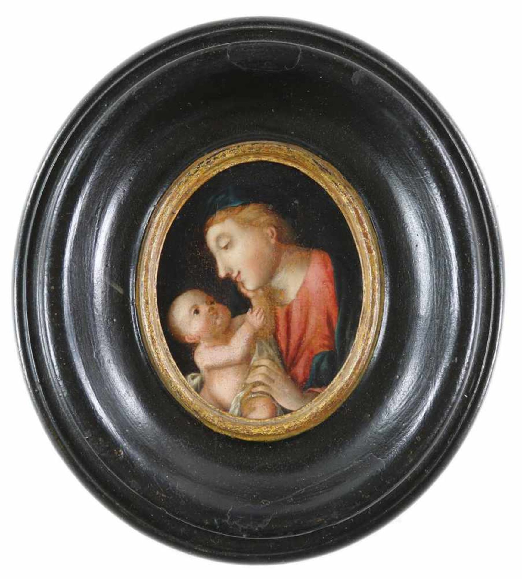 Andachtsbild.Madonna mit Kind. Anonymes Öl auf Holz im Oval, wohl deutsch, 17./18. Jh. Ca. 9,5 x 7,5 - Bild 2 aus 2
