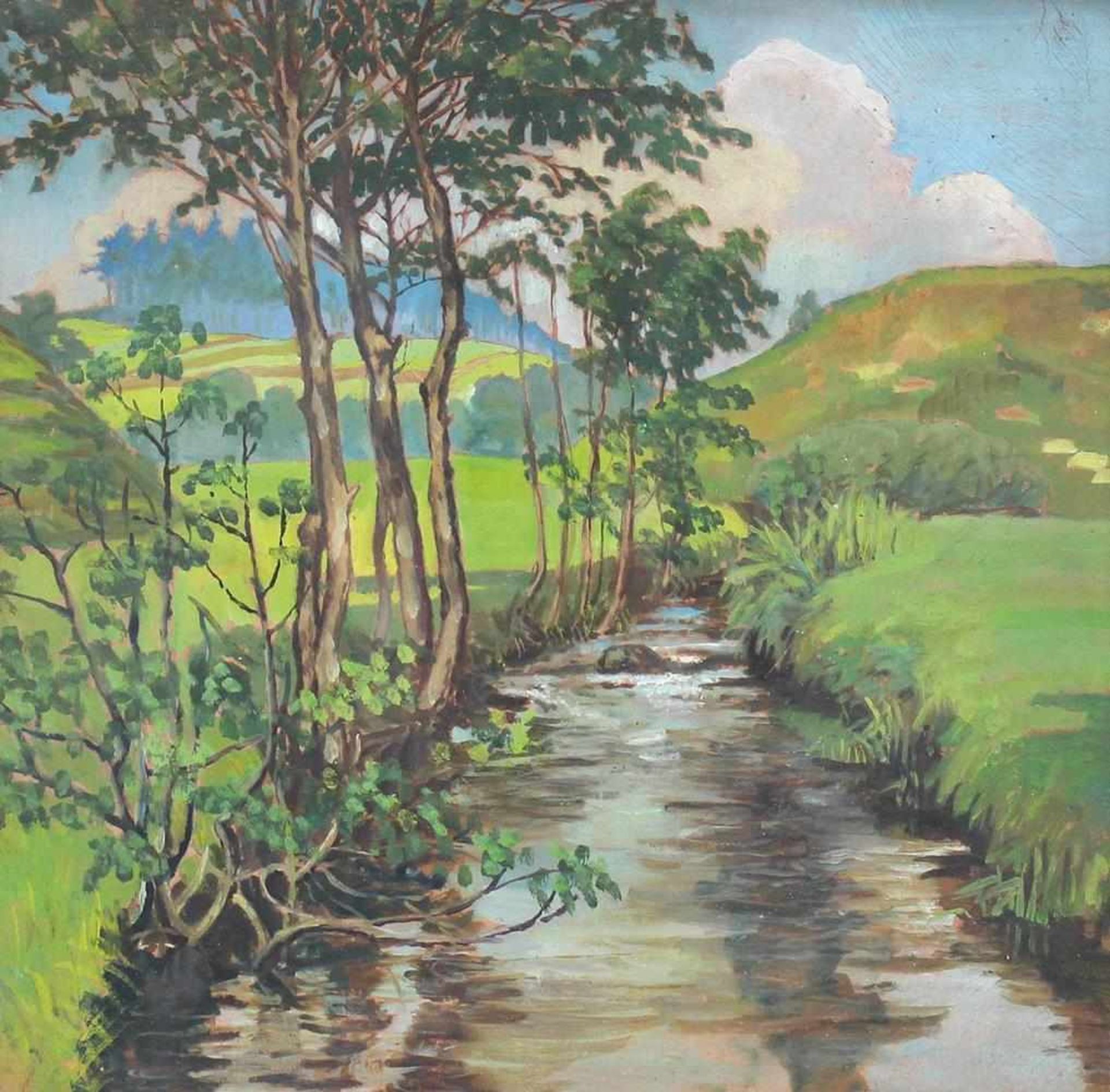 Preisler, Jan(1872 Königshof - Prag 1918) zugeschr. Hügelige Landschaft mit Bachlauf. Öl auf Platte.