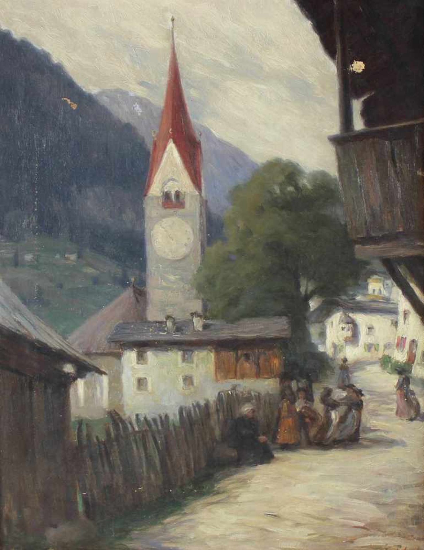 Tirol.Dorfstrasse in den Alpen von Tirol. Öl auf Lwd. Um 1910. 58 x 45 cm. Unt. re. sign. 'E.