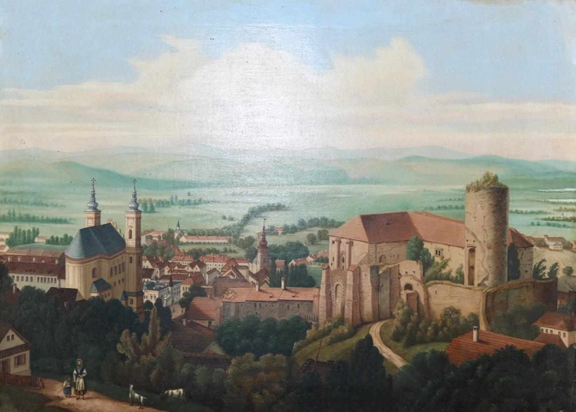 Burg Cesky Sternberk.Blick auf die Burg Sternberg, im Hintergrund das Tal der Sßzava. Anonymes Öl