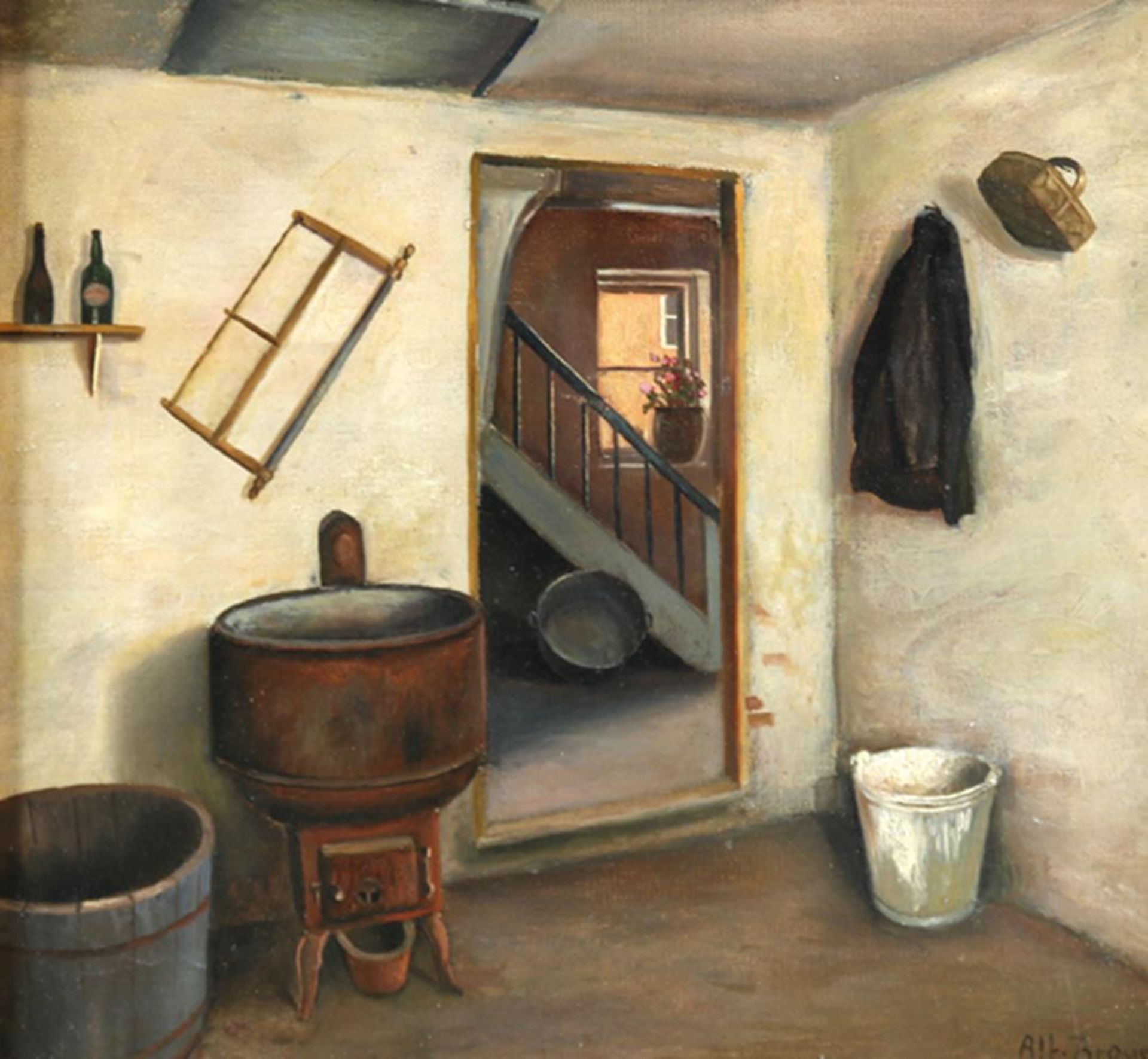 Broge, Alfred(1870 Kopenhagen 1955). Interieur einer bäuerlichen Stube mit Ofen, Waschbottich u.