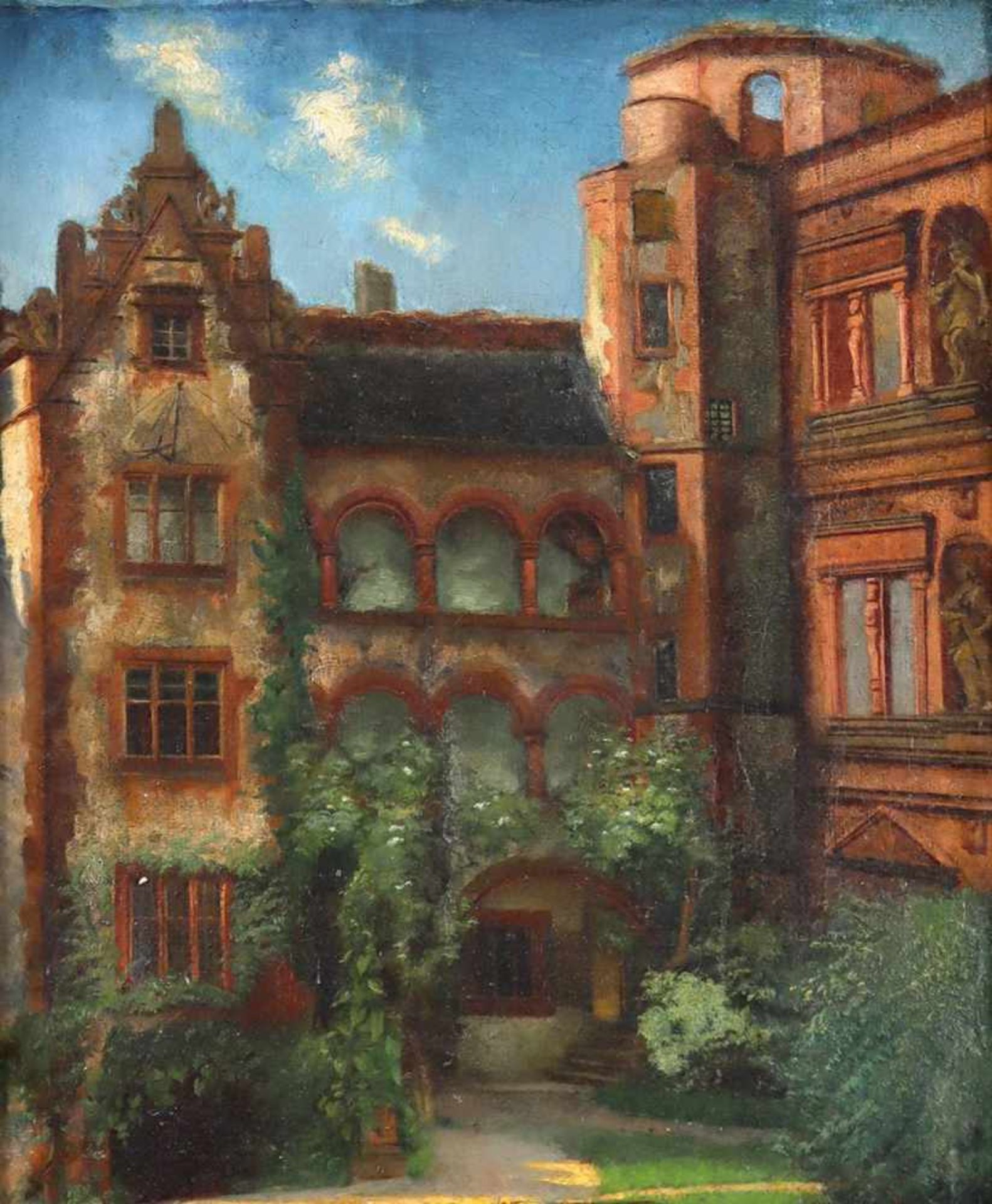 Heidelberg.Schlosshof mit dem gläsernen Saalbau. Öl auf Lwd. von Rugg, wohl 1844. 41 x 33 cm. Unt.