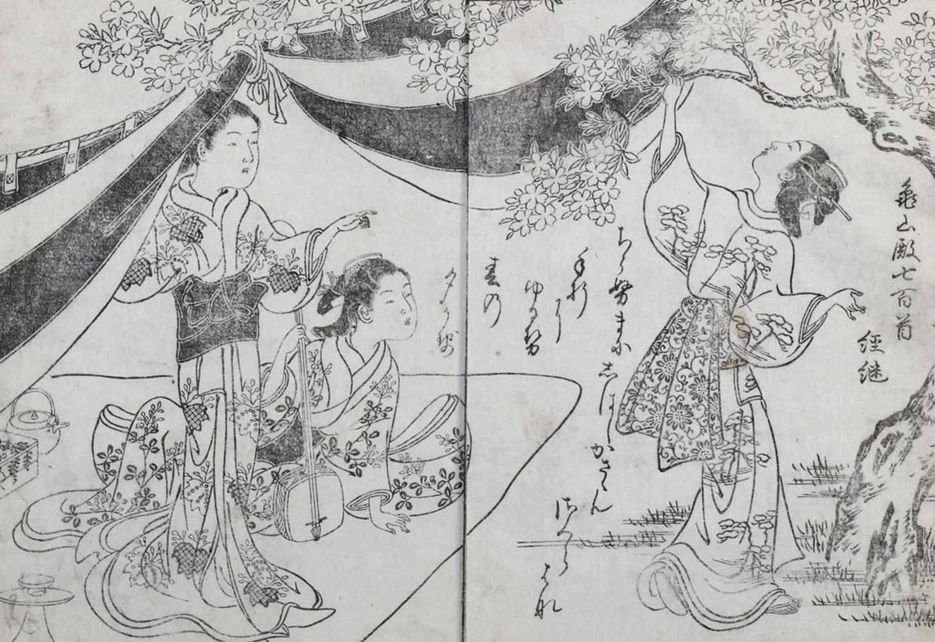 Sukenobu, Nishikawa(1671-1751). Drei junge Frauen beim Picknick. Aus: Ehon Chiomi-gusa - Szenen