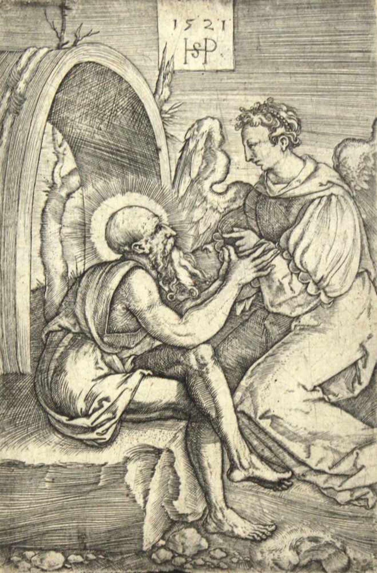 Beham, Hans Sebald(1500 Nürnberg - Frankfurt a.M. 1550). Der hl. Hieronymus mit dem Engel. Radierung