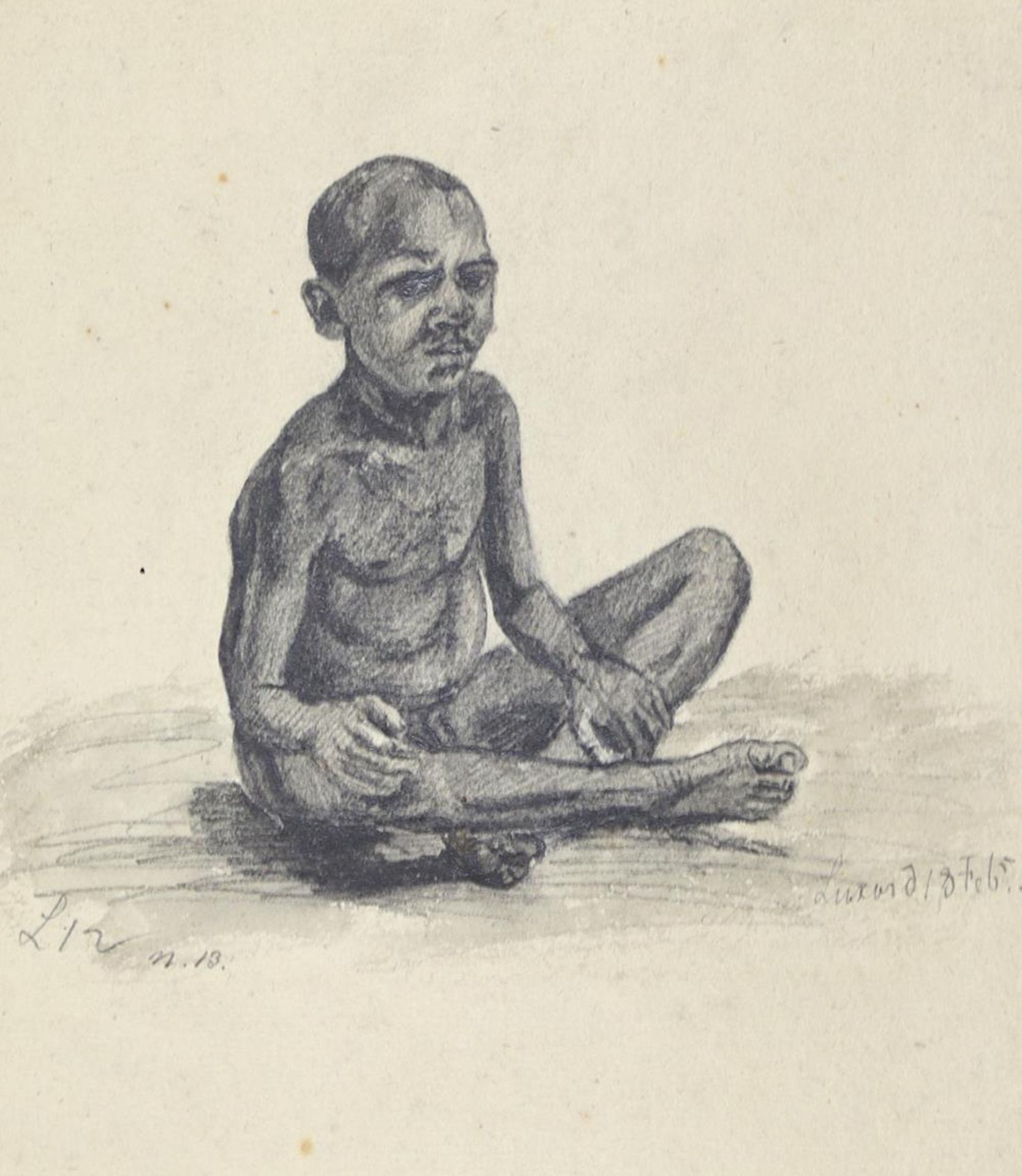 Afrikanist.Sitzender junger Mann mit gekreuzten Beinen. Aquarell. Kohlezeichung auf Bütten, wohl