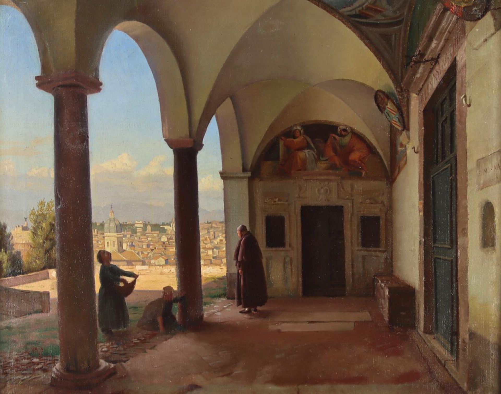 Architektur- und Genremaler.(19.Jh., Italien). Blick aus einem Kreuzgang auf der Basilika Sankt