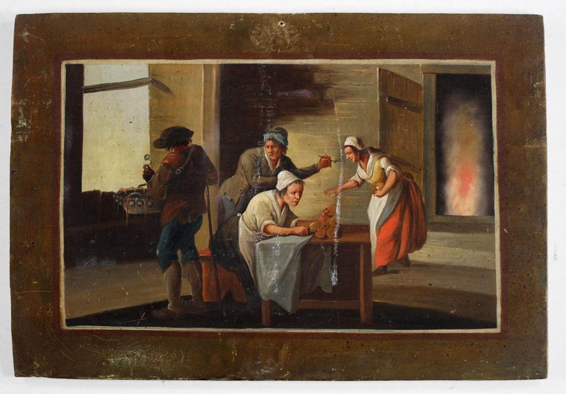 Niederländischer Maler.4 Genredarstellungen von alltäglicher Haushaltsarbeit. Öl auf Holzplatte.