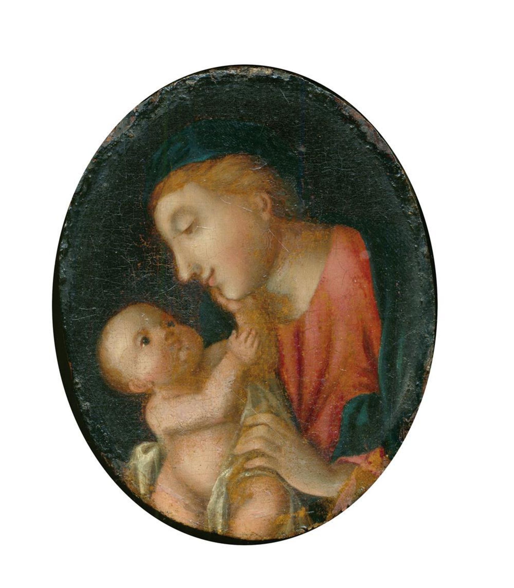 Andachtsbild.Madonna mit Kind. Anonymes Öl auf Holz im Oval, wohl deutsch, 17./18. Jh. Ca. 9,5 x 7,5