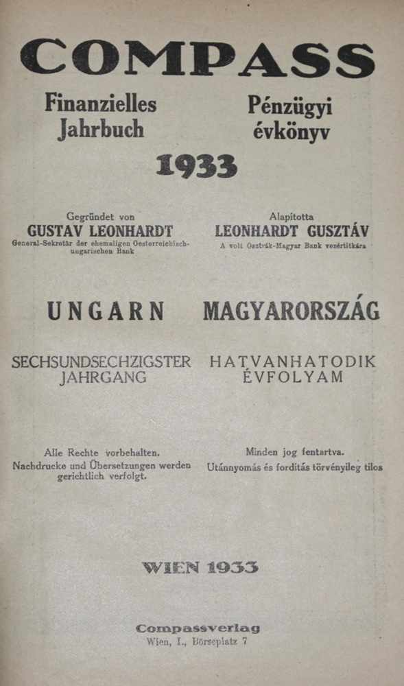 Compass.Finanzielles Jahrbuch. Penzügyi evkönyv. Jgge. 66-68, 70 u. 72: Ungarn. In 5 Bdn.