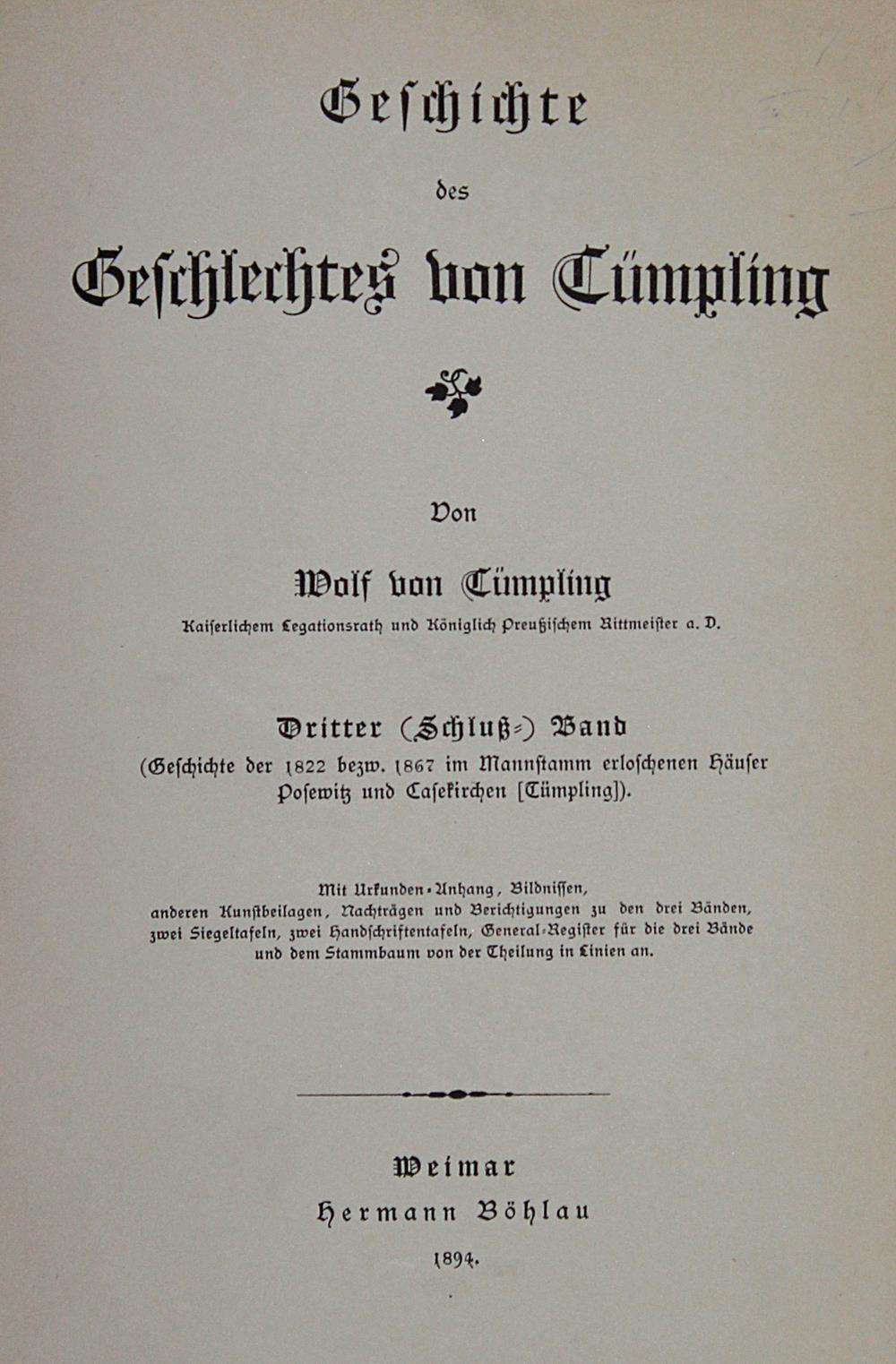 Tümpling,W.v.Tümpling,W.v. Geschichte des Geschlechtes von Tümpling. Bd. 3 (von 3).Tümp