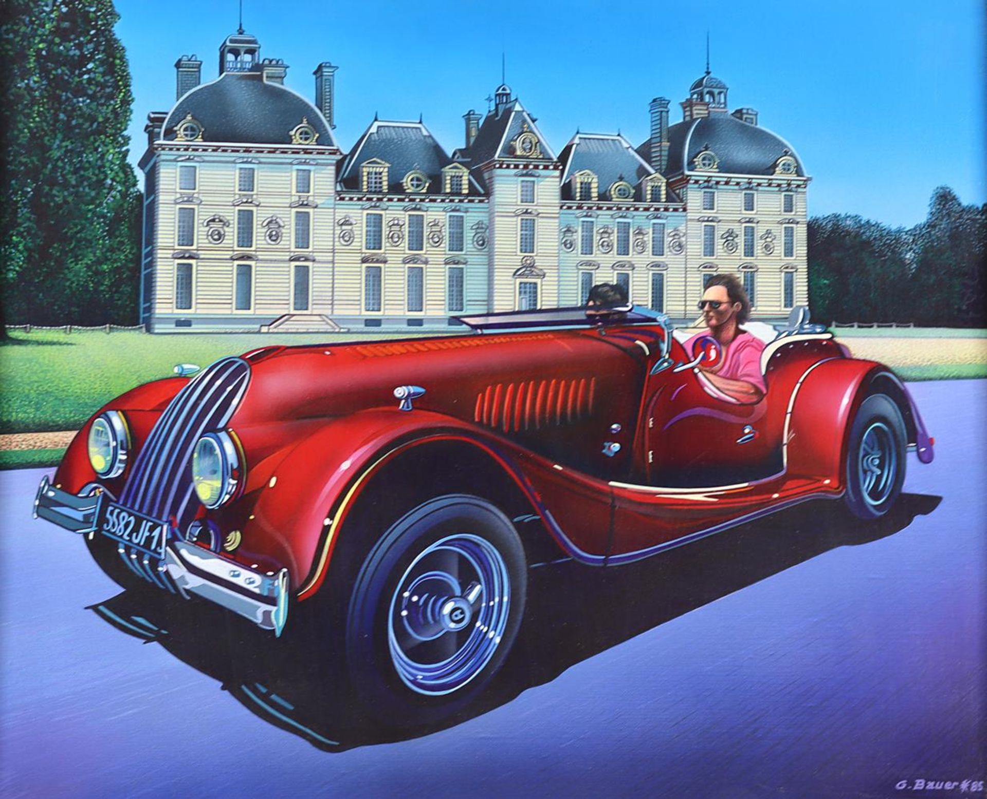 Bauer, GérardBauer, Gérard (1947 Coutances). Ein roter Morgan Plus 8 vor dem SchlossBauer