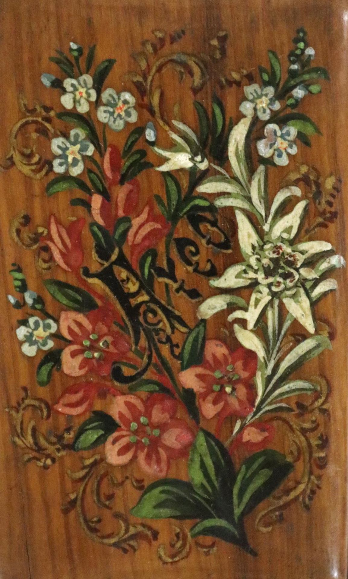 KonvolutKonvolut mit 3 Holzkladden m. versch. Dekors. 2 davon m. z.T. bunten IntarsienaKonv - Bild 2 aus 3