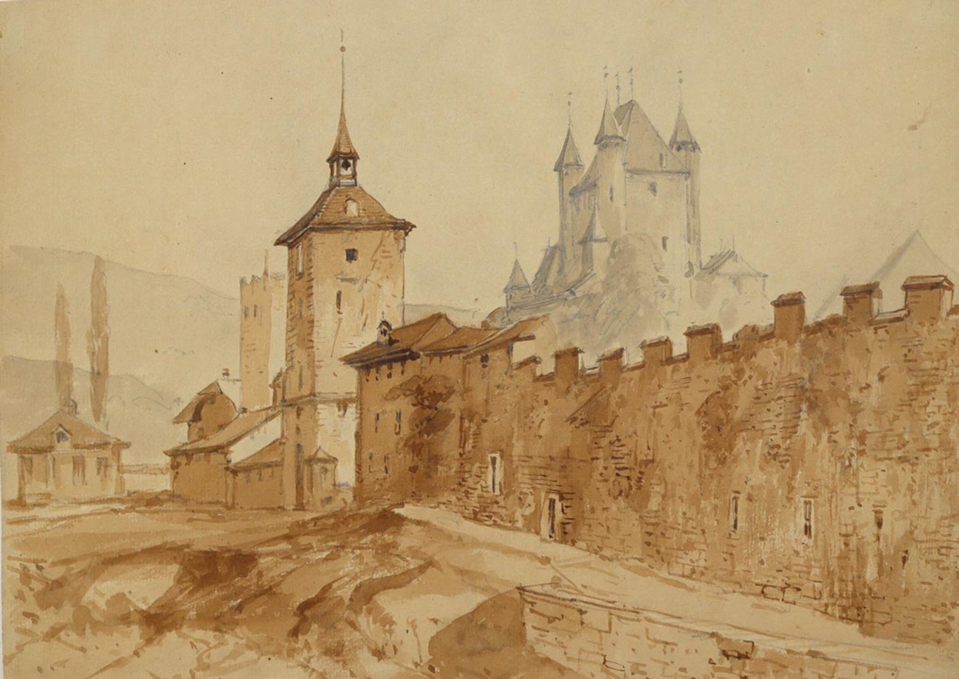 Thun.Thun. Aquarell über Bleistift von A. Geyer (1816-1883). Um 1840. Ca. 22 x 32 cm.Thun.