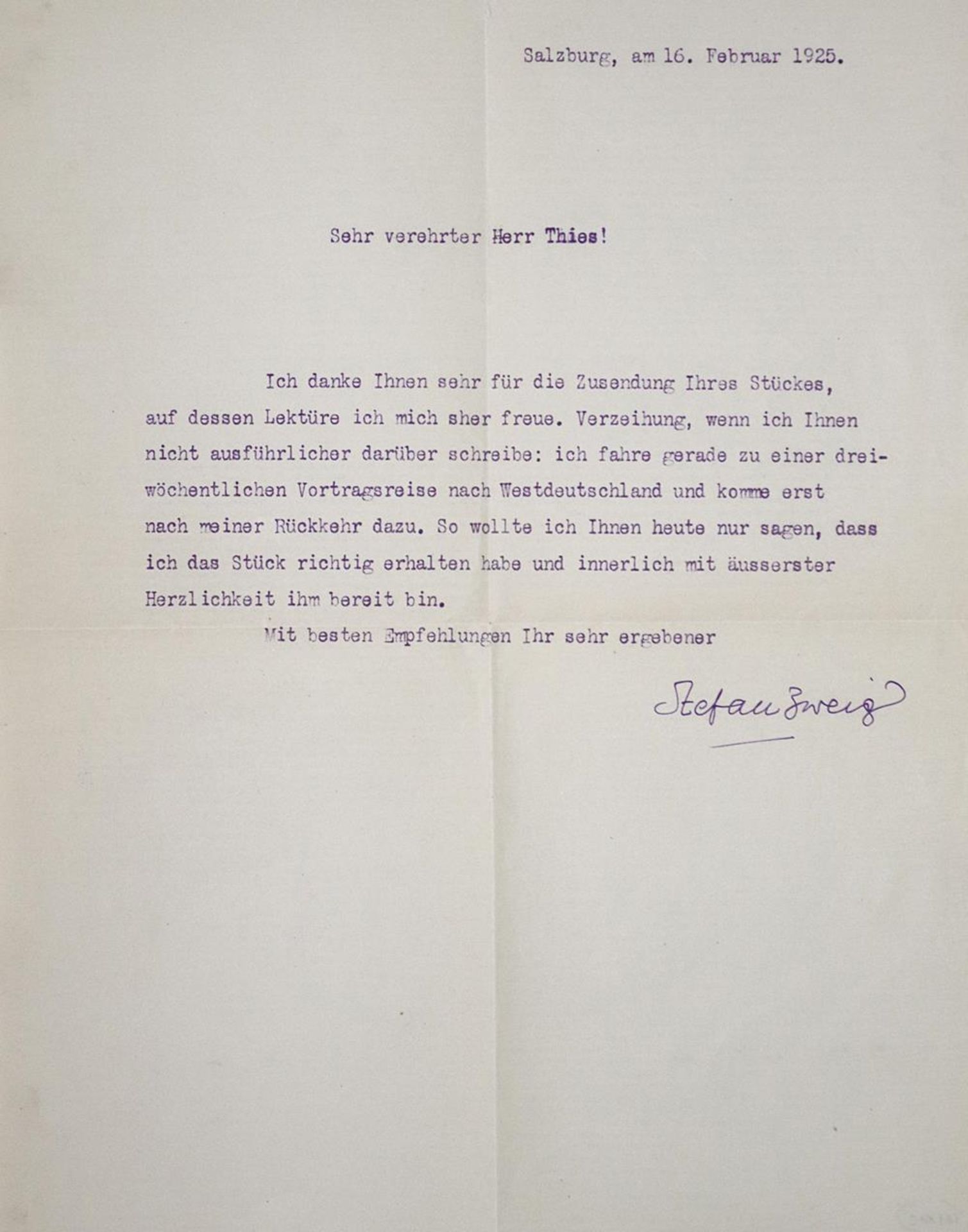 Zweig, Stefan,Zweig, Stefan, Schriftsteller (1881-1942). Masch. Brief mit eh. UnterschrZwei