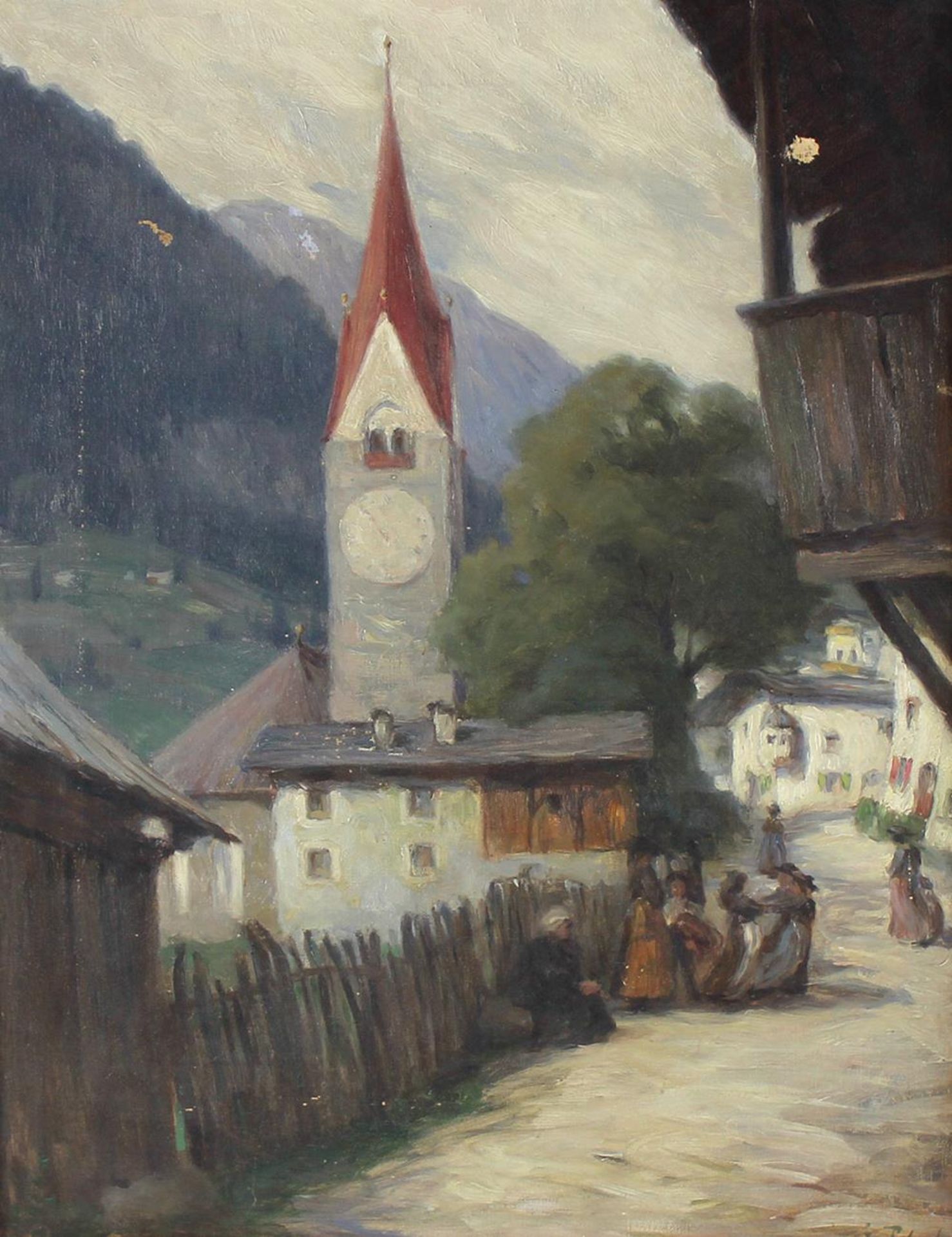 Tirol.Tirol. Dorfstrasse in den Alpen von Tirol. Öl auf Lwd. Um 1910. 58 x 45 cm. Unt.Tiro