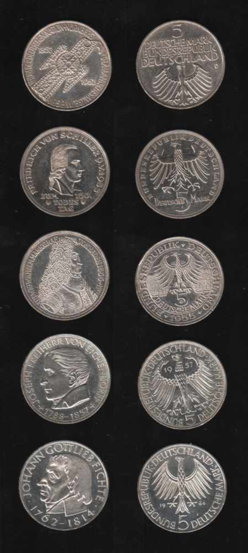 Deutschland. 5 Silbermünzen à 5 DM.Germanisches Museum, Friedrich von Schiller, Ludwig Wilhelm