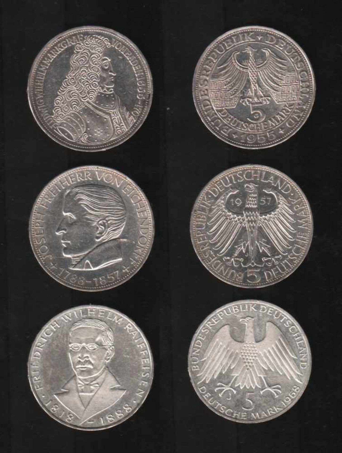 Deutschland. 3 Silbermünzen à 5 DM.Ludwig Wilhelm Markgraf von Baden, Joseph Freiherr von