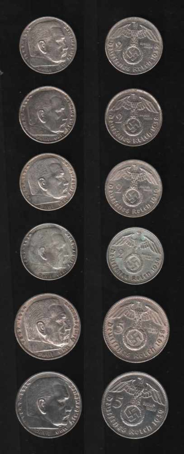 Deutsches Reich. 4 Silbermünzen zu 2 Reichsmarkund 2 Silbermünze zu 5 Reichsmark. Paul von