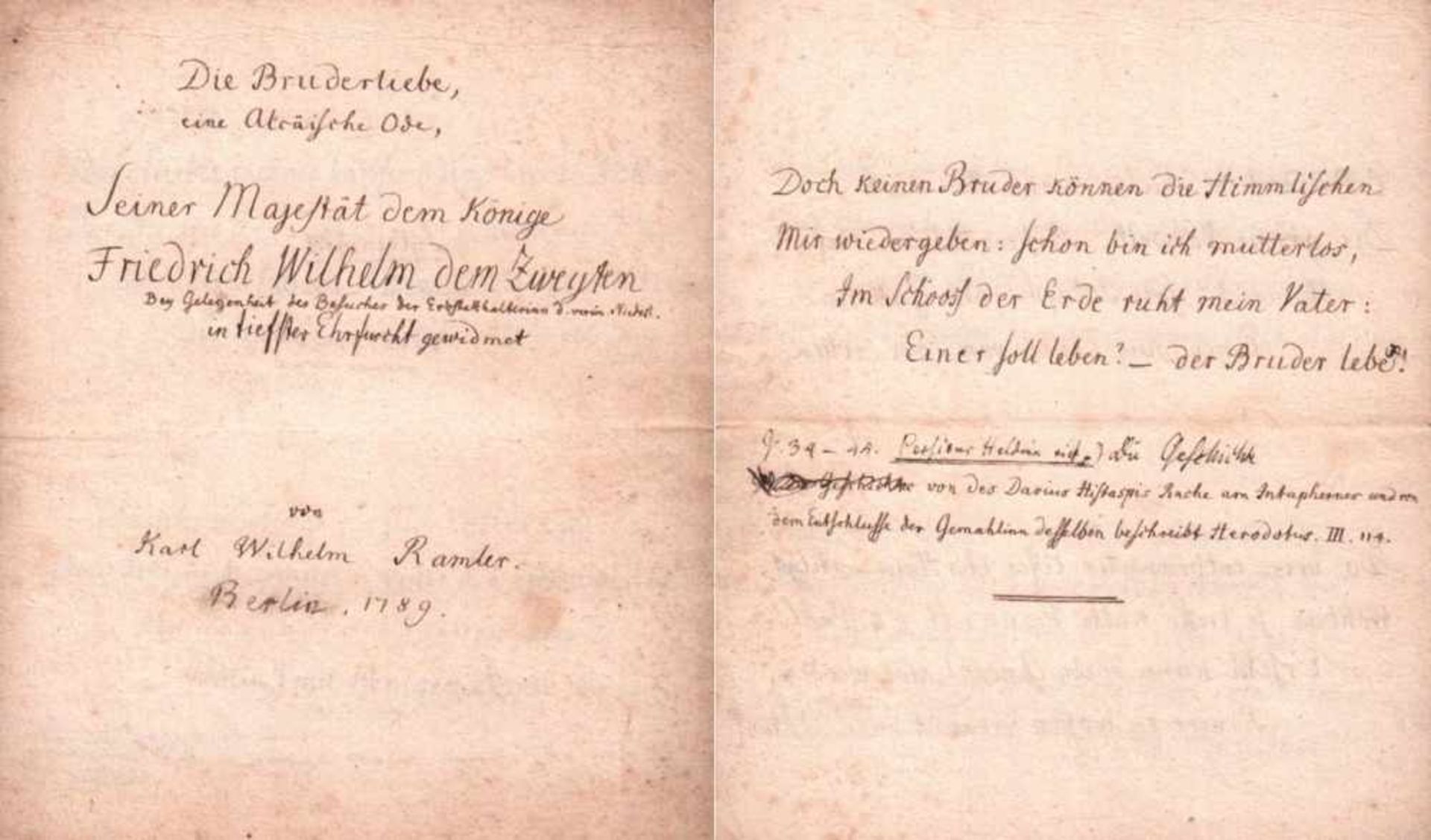 Ramler, Karl Wilhelm.Gedichtmanuskript "Die Bruderliebe ..." als Druckvorlage mit eigenhändigem