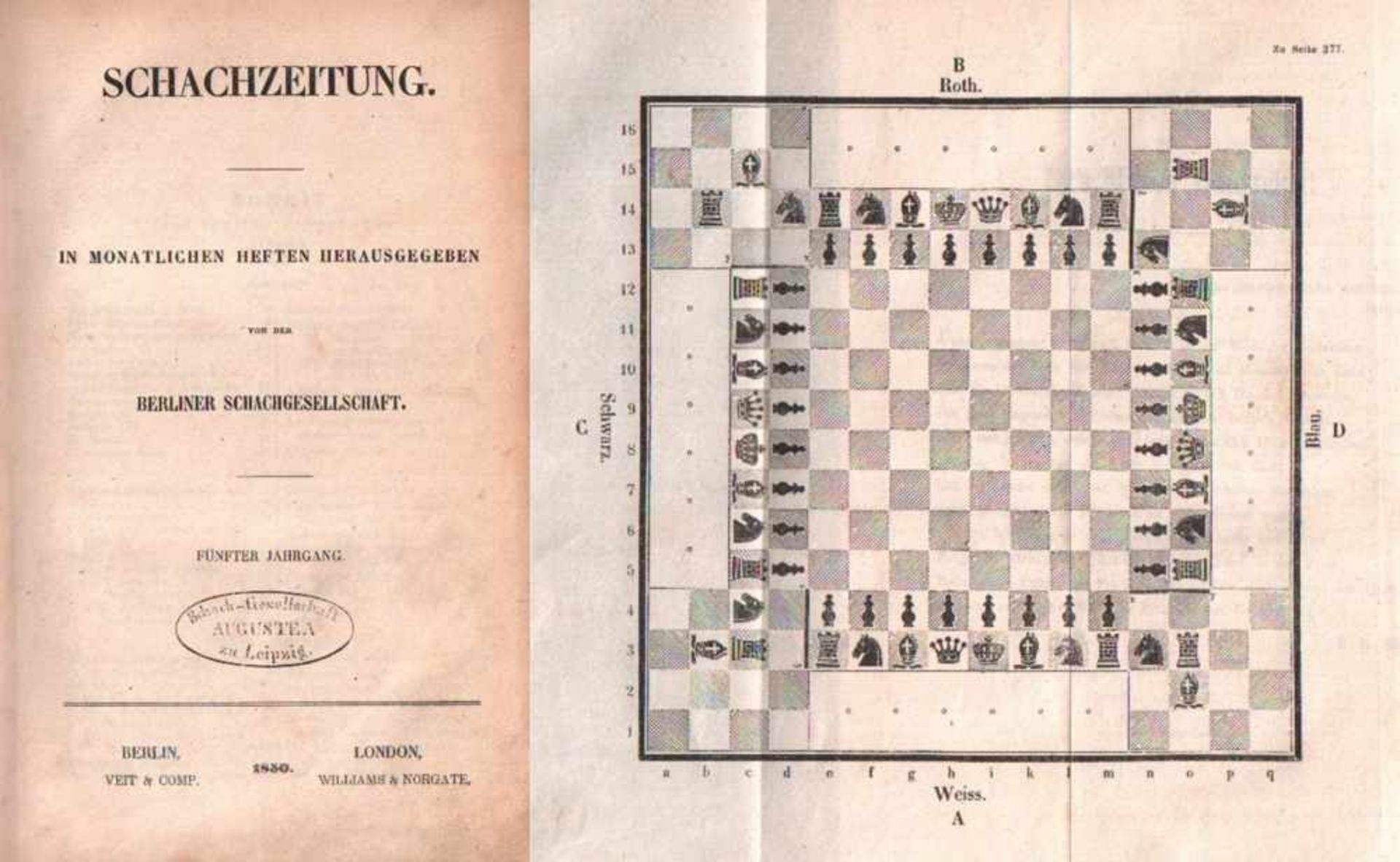 (Deutsche) Schachzeitung.Hrsg. von der Berliner Schachgesellschaft. 5. Jahrgang 1850. Berlin, Veit