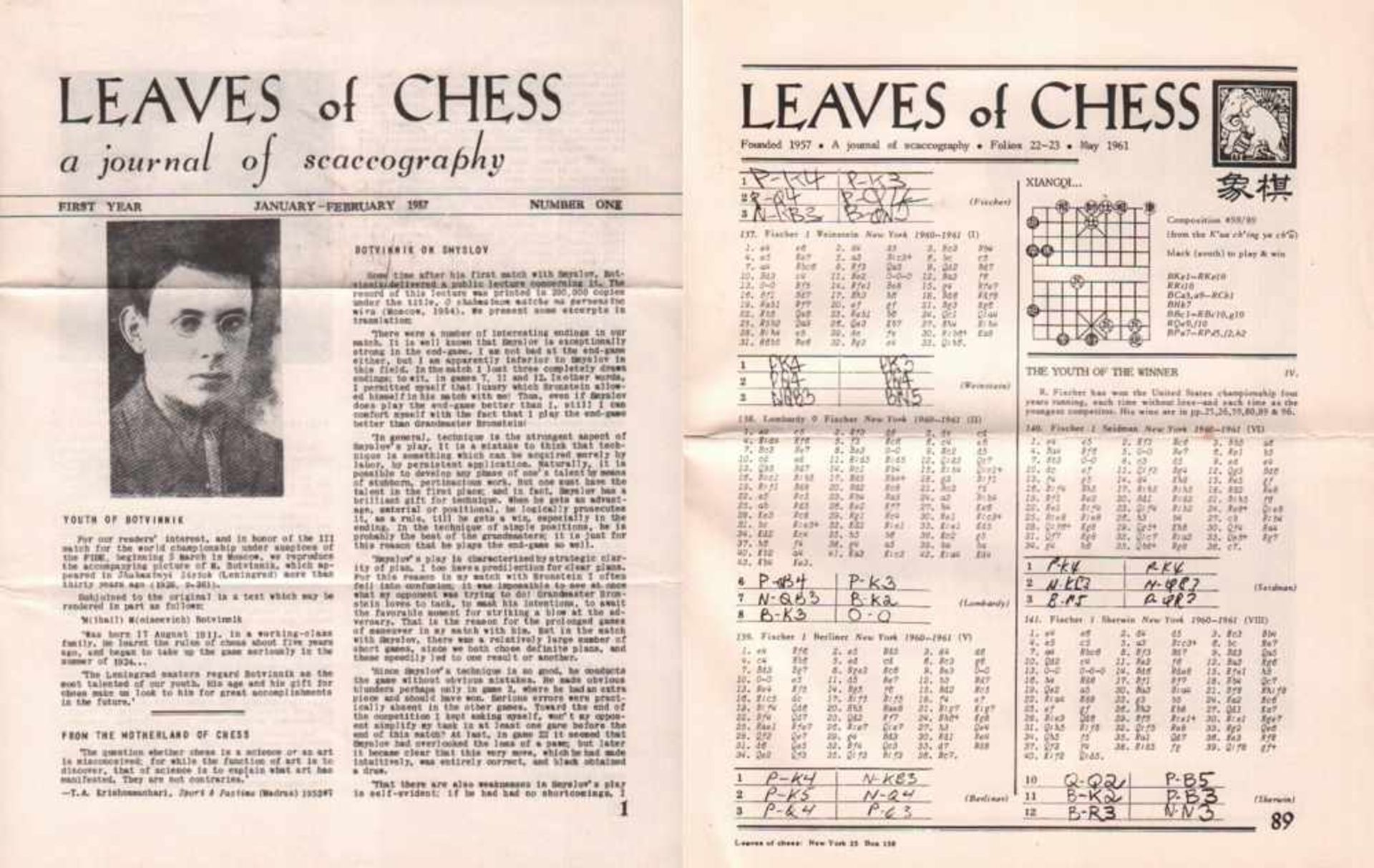 Leaves of Chess a journal of scaccography.Editor: O(rdway) Southard. New York 1957 - 1961. 4°. Mit