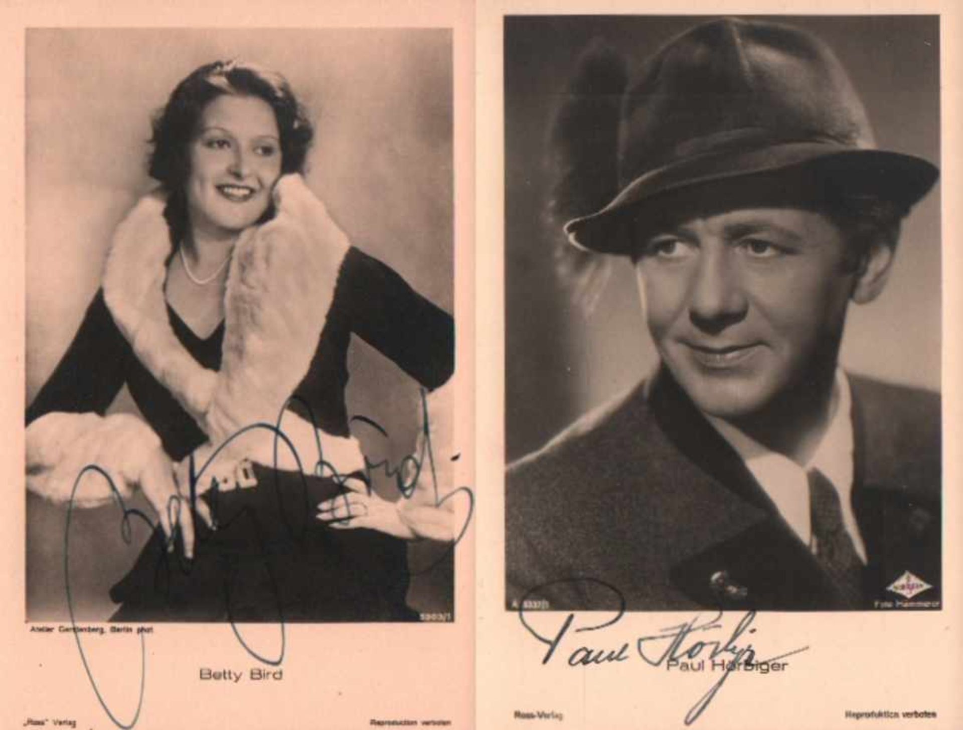 Filmschauspieler. 9 Postkarten mit Signierungum 1930 und 100 in einem Einsteckalbum um 1900.