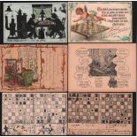 Postkarte. Schachspielszenen und Diagramme.