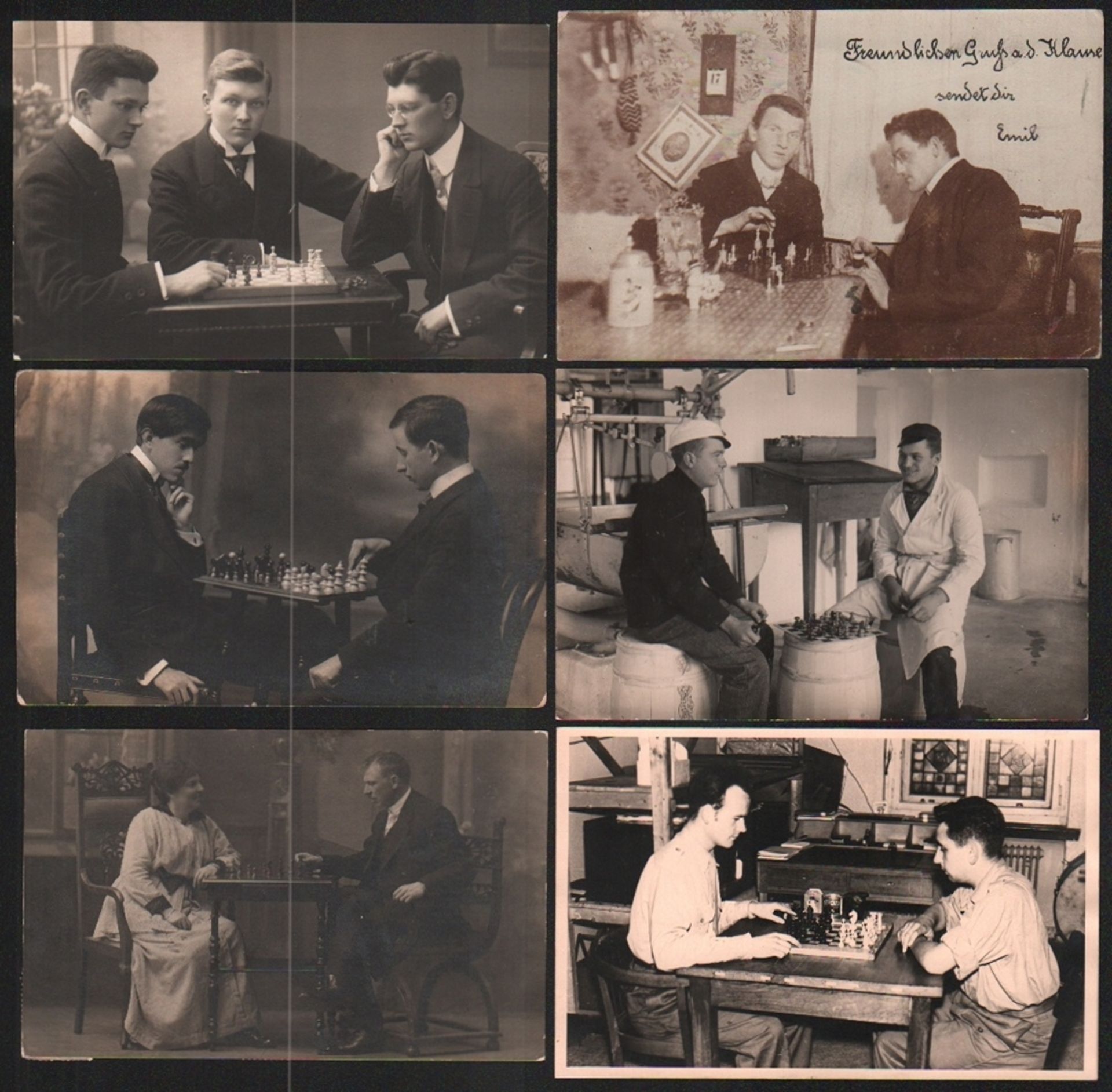 Postkarte. Herren beim Schachspiel.