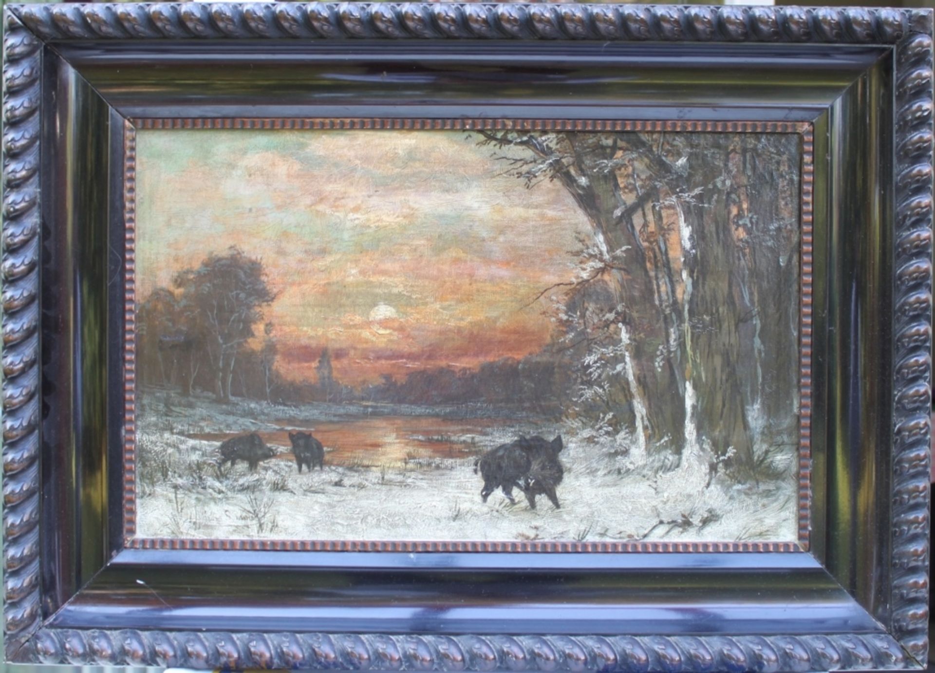 Abendliche Winterlandschaft mit Wildschweinen am See. - Image 2 of 2