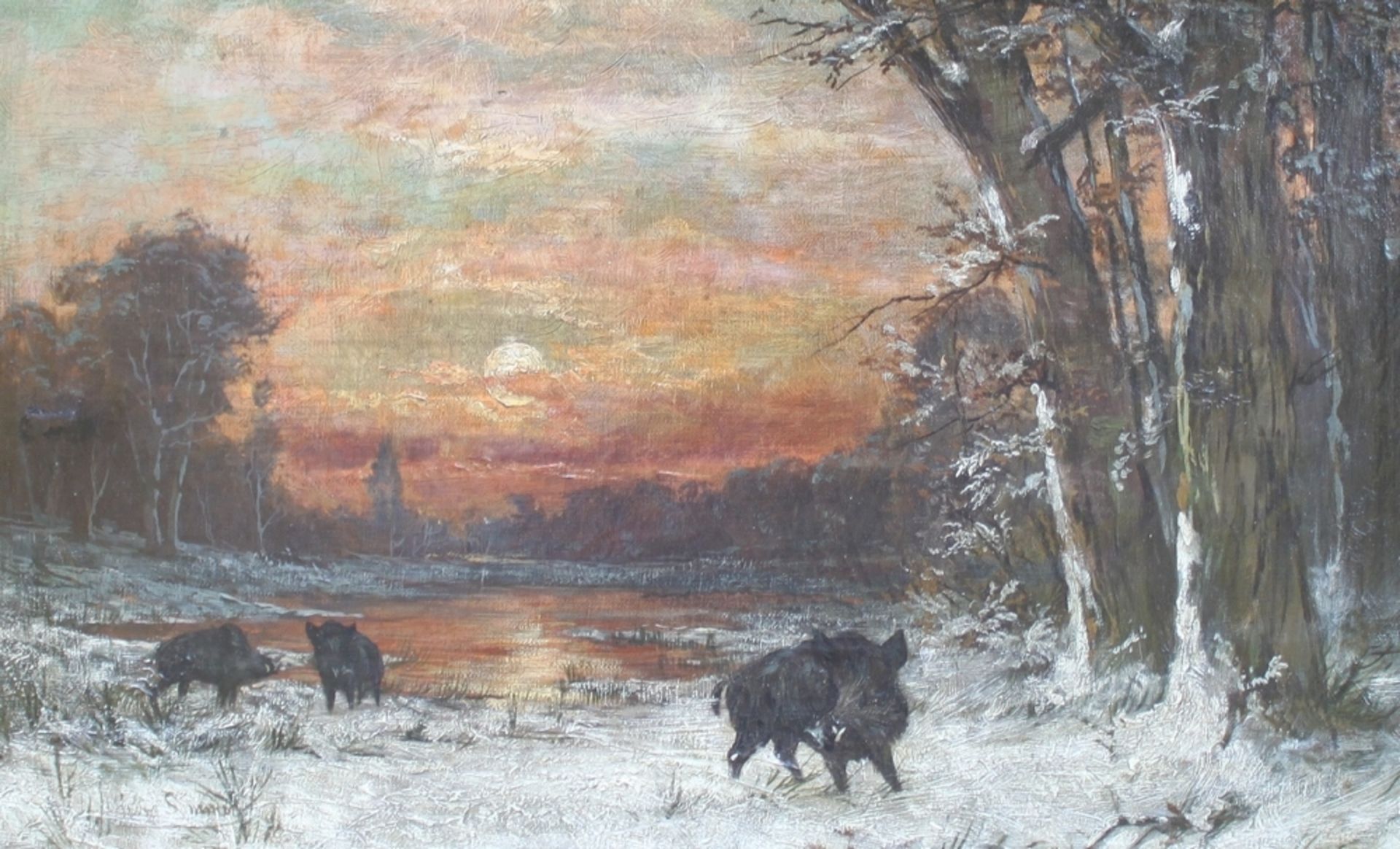 Abendliche Winterlandschaft mit Wildschweinen am See.