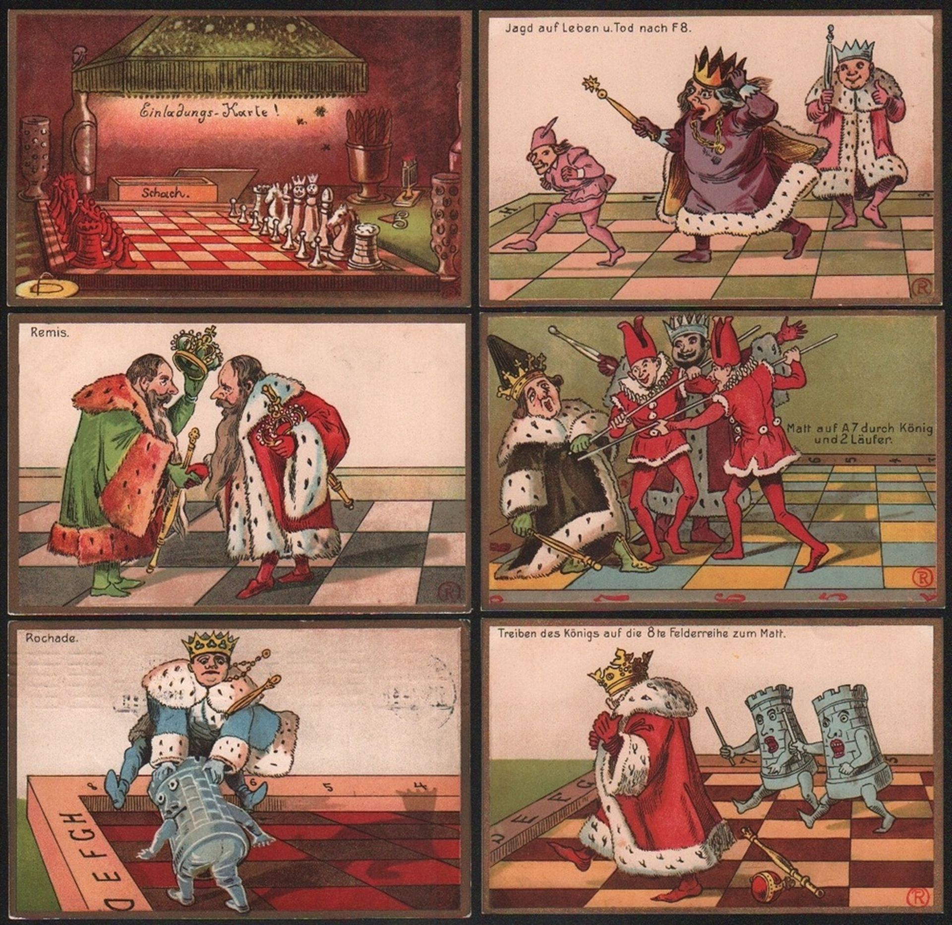 Postkarte. Karikaturen mit vermenschlichten Schachfiguren.