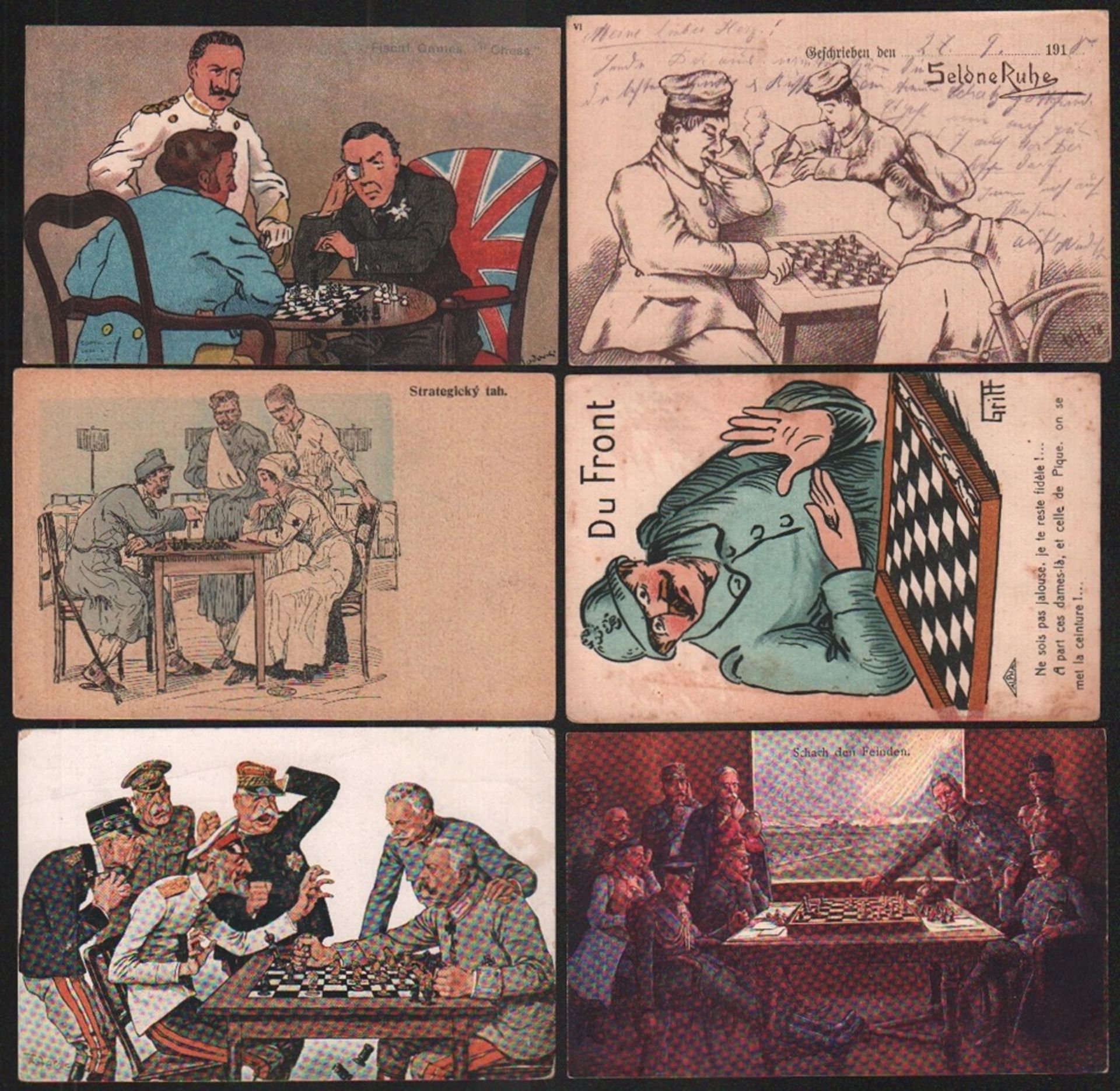 Postkarte. Karikaturen zu Krieg und Schach.
