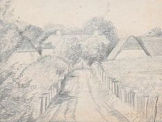 Jessen, Carl Ludwig(Deezbüll/Niebüll 1833 - 1917). Dorfweg. Bleistiftzeichnung auf gräulichem