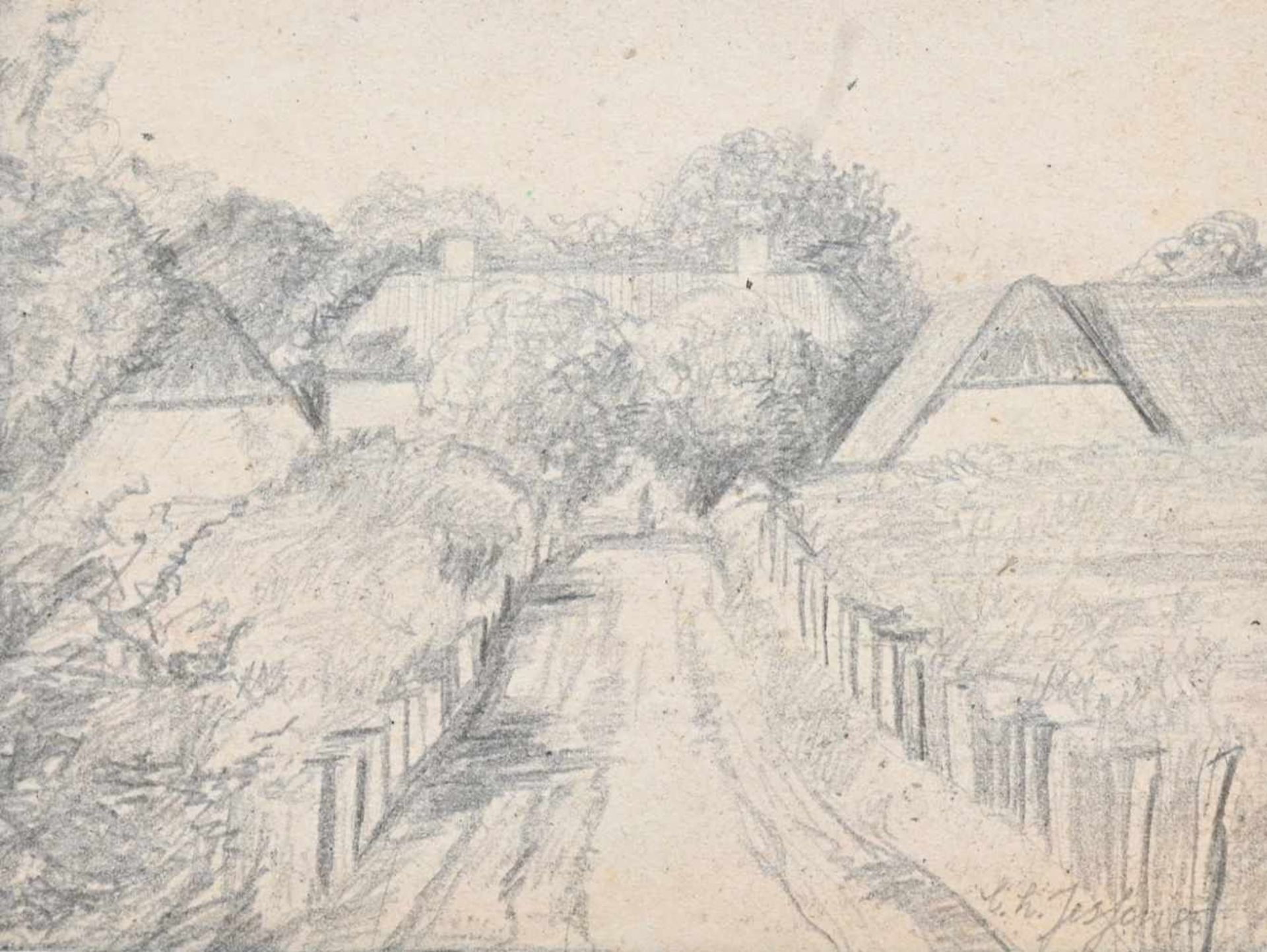 Jessen, Carl Ludwig(Deezbüll/Niebüll 1833 - 1917). Dorfweg. Bleistiftzeichnung auf gräulichem