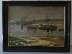 Lange, Willi Otto Max(Altona 1876 - 1950 Bad Bramstedt). Boote auf der Elbe. Öl auf Karton. Um 1910.