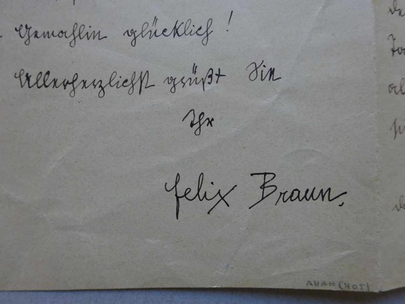 Brod, Max.- Braun, Felix (Schriftsteller; 1885-1973). Eigenhändiger Brief mit Unterschrift an Max - Image 2 of 2