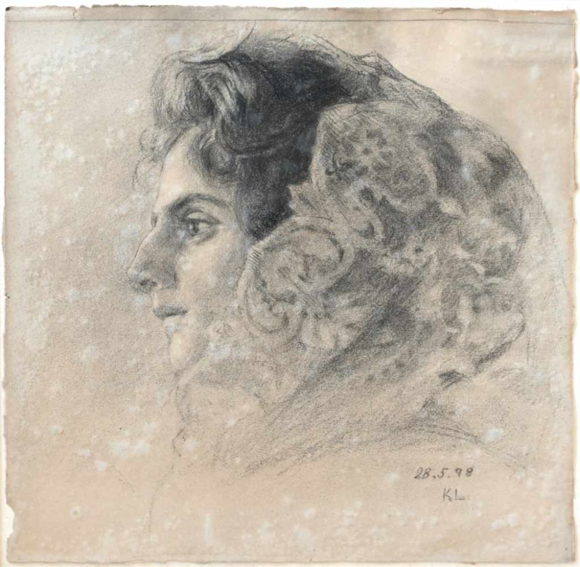 Lassen, Käte(Flensburg 1880 - 1956). (Selbst-?) Porträt. Kohlezeichnung auf Malkarton von 1898.