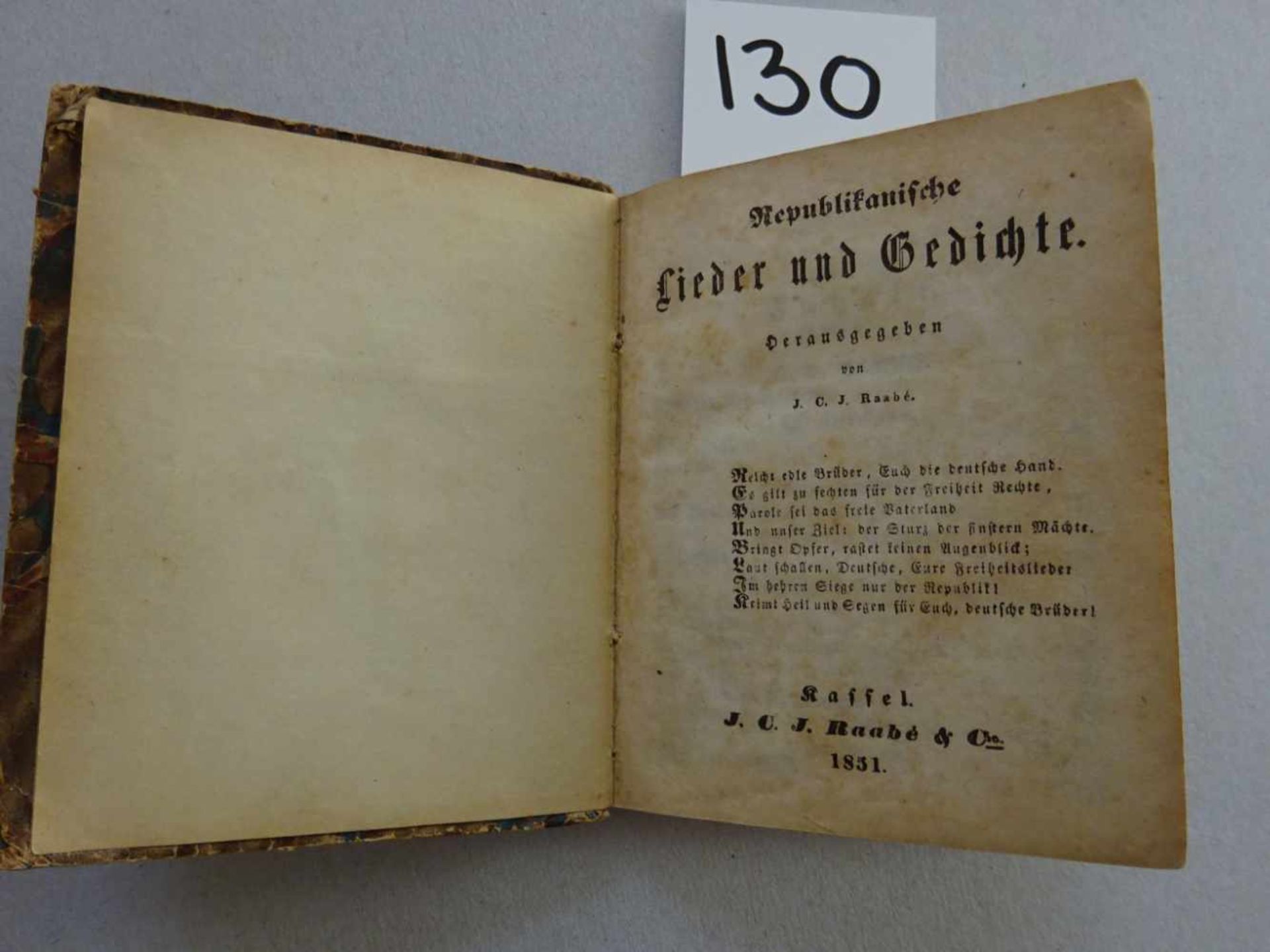 Vormärz.- J.C.J.(Hrsg.). Republikanische Lieder und Gedichte. Kassel, Selbstverlag, 1851. VIII,