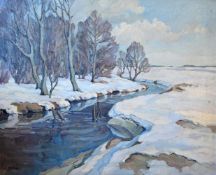 Dänische Kunst.- Skov, Marius A. Hansen(Skodborg 1885 - 1964 Bramming). Winterlandschaft bei