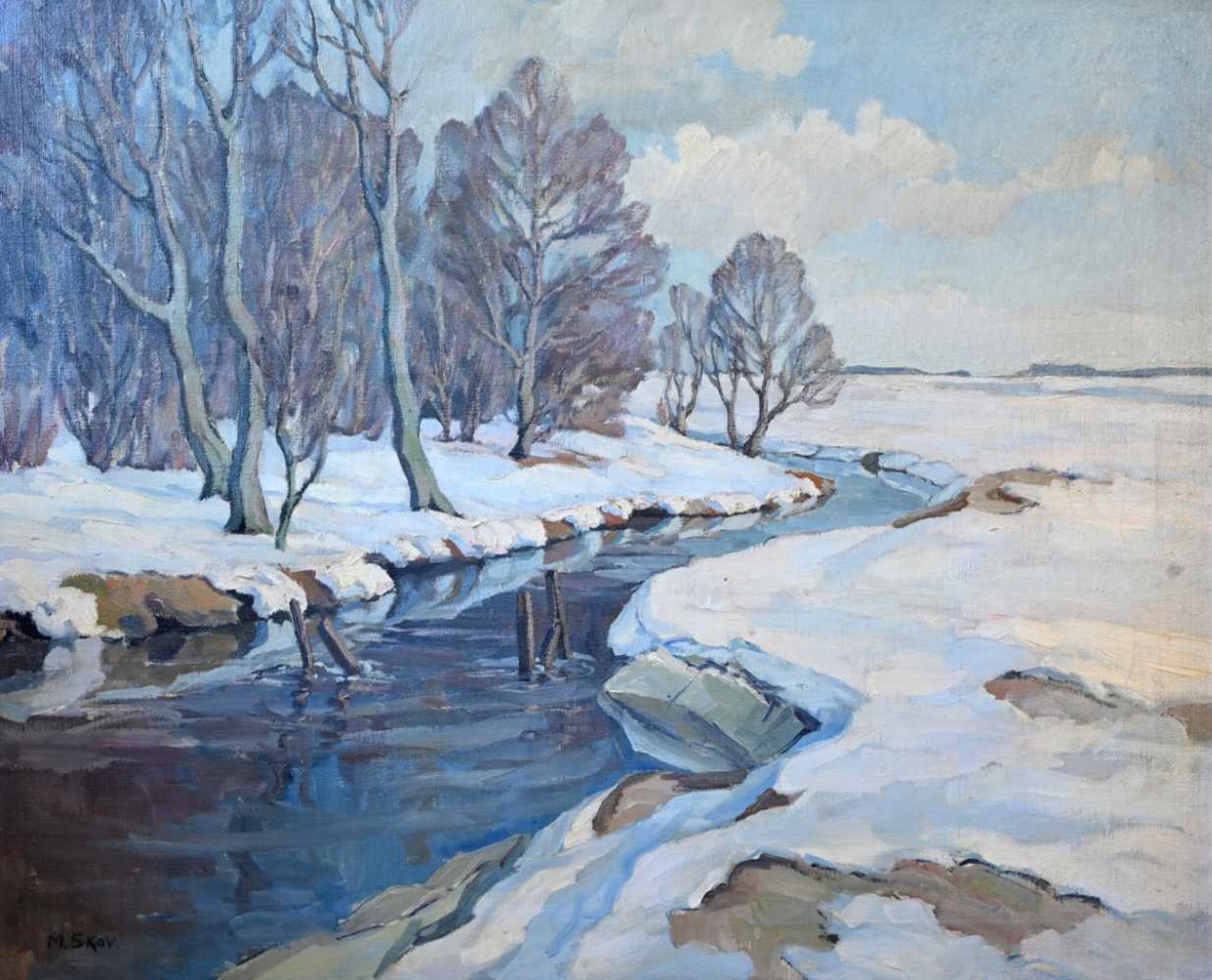 Dänische Kunst.- Skov, Marius A. Hansen(Skodborg 1885 - 1964 Bramming). Winterlandschaft bei