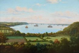 Dänische Kunst.- Anonym.-Bucht mit Schiffen. Öl auf Leinwand von 1889. Unten rechts