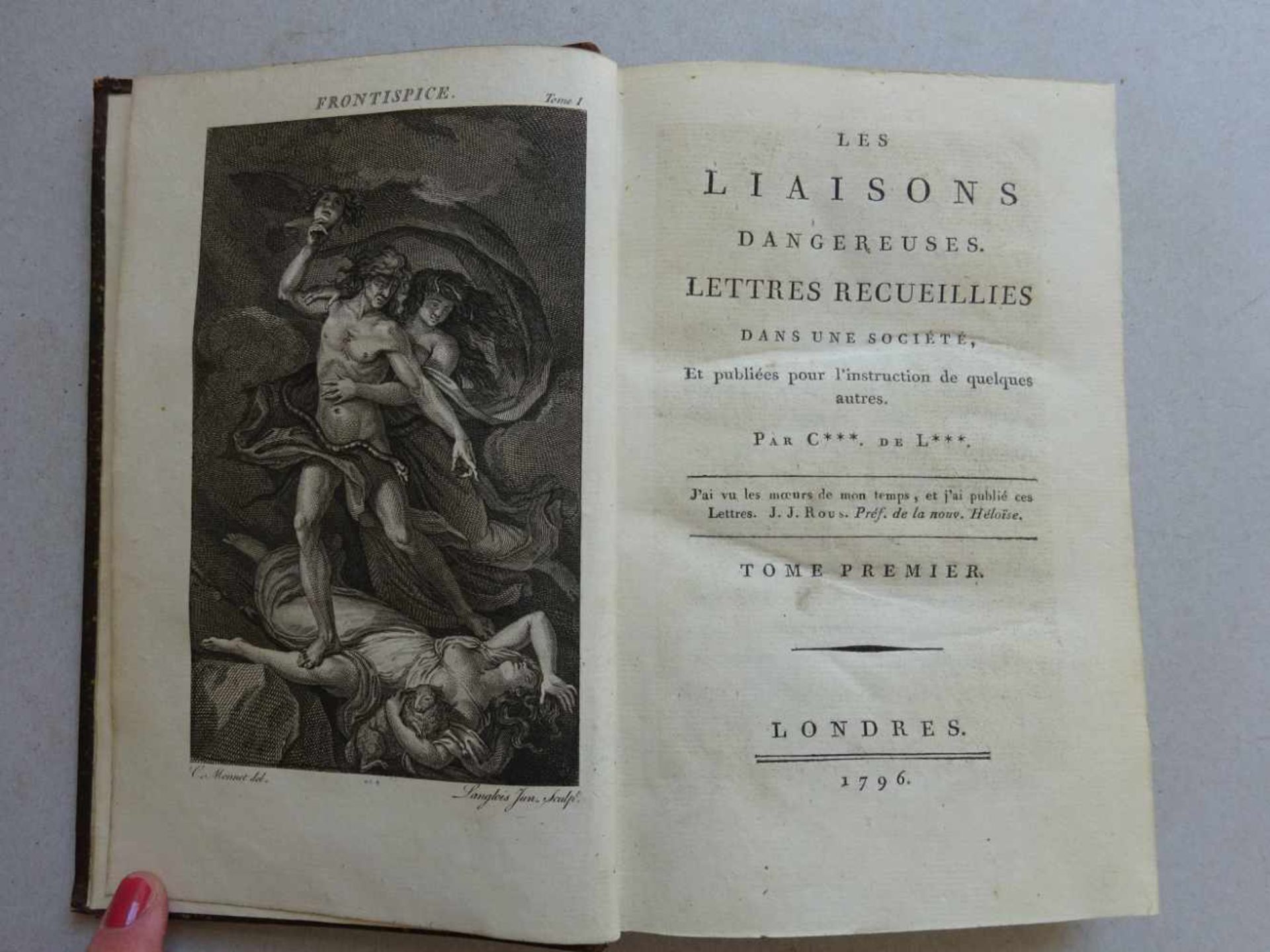 C(hoderlos) de L(aclos, P.A.F.).Les liaisons dangereuses. 2 Bde. Londres (d.i. Paris), 1796. 415 S.;
