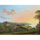 Anonym.-Gremsmühlen am Dieksee. Öl auf Leinwand. Um 1830. 46 x 63 cm Gerahmt.Blick über die hügelige